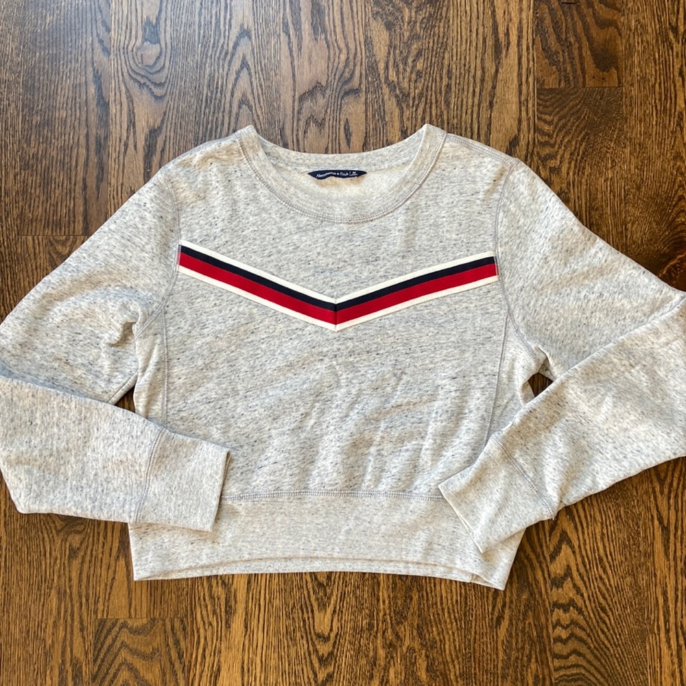 Heathered Gray with Red, Black, & White Detail Abercrombie Cropped Crewneck